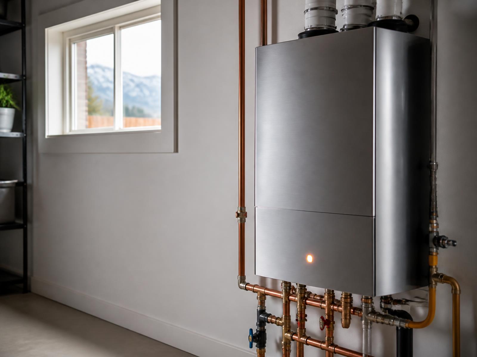 Modern residential tankless water heater installed in an Arvada, Colorado home basement